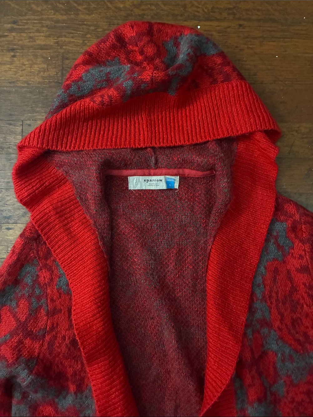 Anthropologie Sparrow Maraschino Red Floral Wool Hooded Cardigan - Picture 3 of 8